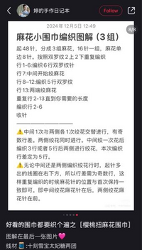 こちらの文章の翻訳ができる方いませんか。
マフラーの模様編みの仕方の説明なのですが、自分で翻訳してみて編んでみるとどうやら間違っているみたいで全く違うものができあがります。 もっと詳しく詳細に翻訳できる方がいましたら、お願いしたく思います。