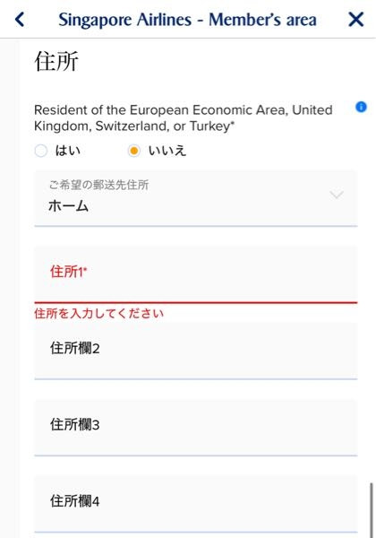 シンガポール航空様のこちらの住所の入力方法が分からないので例を教えていただけますか？ よろしければご回答のほどよろしくお願いいたします。