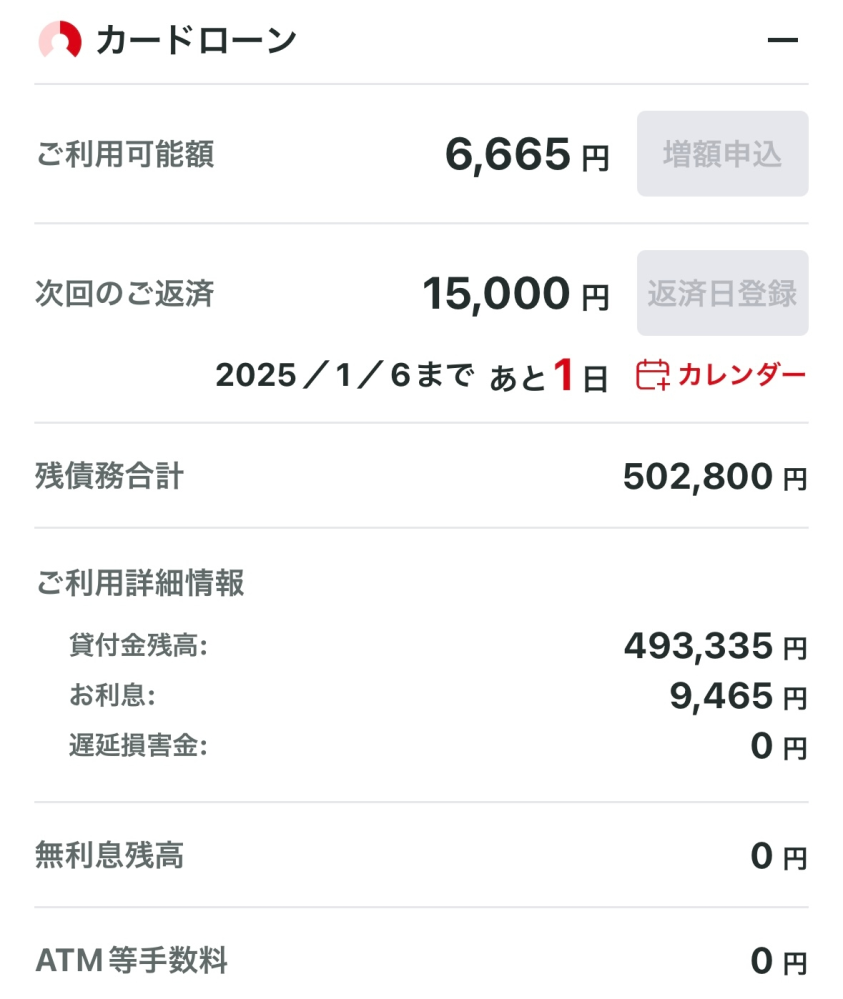 アコムについて質問です。 現在画像の金額を借りており、明日15000円返済のため、試しに利息を確認したら1万近くありました。 利息が1万近いのは何故でしょうか？ 一度も返済が遅れたりはしていません。 先月より利息が増えている気がします。 来月の返済の時はもっと利息が増えて1万超えたりするのでしょうか…。。 調べても同じような人がいなく、、誰か詳しい方、わかる方いましたら教えて欲しいです