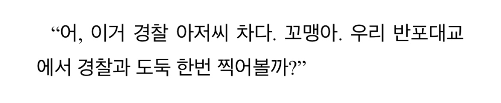 반포대교에서 경찰과 도둑 한번 찍어볼까? この訳は、「盤浦大橋で警察と泥棒を撮ってみようか」で合ってますか？何か意味の分からない文章なので違和感があって....分かる方教えてください。