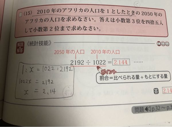 この問題ですがこれは割合を聞かれてるのですか？ 1とした時のアフリカの人口を求めなさいの意味が分かりません。 こっちの比例式でやった方がわかりやすくないですか？ 解答に書かれてる考え方の意味が分かりません。