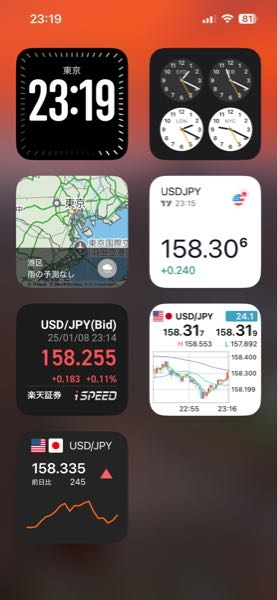 FXをやっているので為替レートをiPhoneのウィジェットに登録して机上で見れる様にしておきたいのですが、リアルタイムで数秒おきに更新されるウィジェットはありませんか？ 有料でも構いません。 ネットでおすすめされてた楽天証券ispeed、トレーディングビュー、FXダイレクト、外為どっとこむ いずれもウィジェット上では更新されません。。。 iPhone13でiOSは最新です。