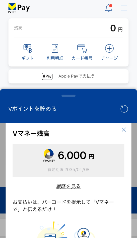 チャージしてVマネーを使いたいのですが、画像の様な状態で支払いできますか？ 残高0円表示なのが気になります。 また、この6000円を使う為にはどの様にしたらいいでしょうか。 よろしくお願いいたします。