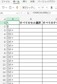 Excel初心者です。 画像のように縦にアルファベットを連続して入力したいときはCHAR関数を使うといい、と別サイトの例を真似して作成してみました。この関数に「+ctrl」を文頭につけたまま文字を連続させることは可能ですか？また、そのやり方もよければ教えてください。


｛理想｝
A｜ Ctrl＋A
B｜ Ctrl＋B
C｜ Ctrl＋C
 ・
 ・
 ・

※別サイト...