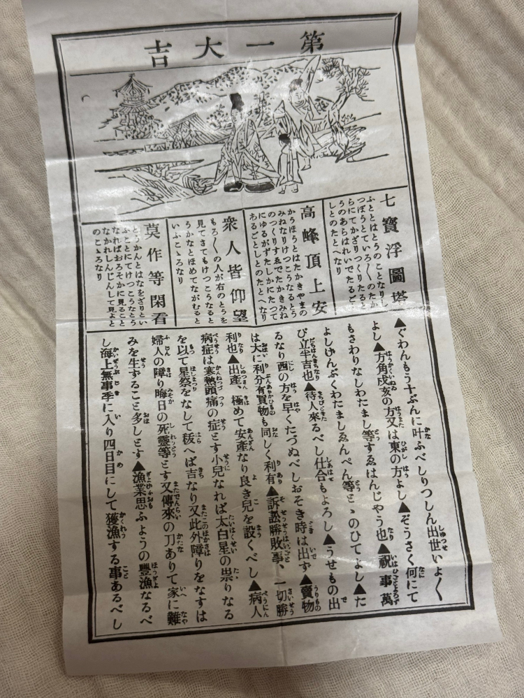 鳥越神社でおみくじを引いたのですが記載したある文（内容）がわからず困っています。 どなかた訳していただける方はいないでしょうか。