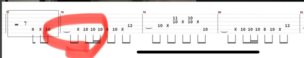 ギターのTAB譜の読み方についての質問です。 この丸のついたところの︶これが分からず毎回弾くのに苦戦しています。 この後の弾き方について教えてください。