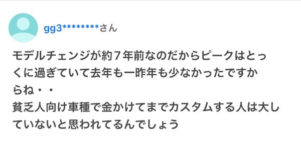 貧乏人向け車種のカスタムって、何処からを言うのですか？ 根拠が分からないので、私には意味不明で質問してみました。 そもそも貧乏だったら、クルマ購入することにさえ躊躇すると思いますけど。 どうなんですか？ 車種は想像で構いません。