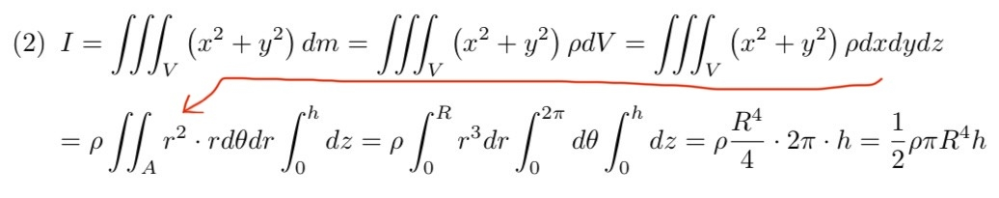 至急お願いします！数学です！ こうゆう式変換の時って、drってどこにあったんですか？ dxdydz=r^2×sinθdrdθdφで変換するのではないのですか？ 有識者の方説明よろしくお願いします！ (これは半径 R、高さ h、一様な密度 ρ の円柱の上面と底面の円の中心を通る軸のまわりの慣性モーメントを求める問題です)