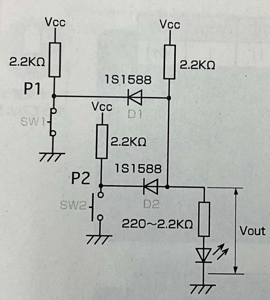 電子回路 初心者なのですがダイオードを利用した論理回路 ANDの回路図を参考に勉強しているのですがP1、P2のスイッチに2.2kの抵抗をなぜ入れないといけないのか、分からないので教えてください。