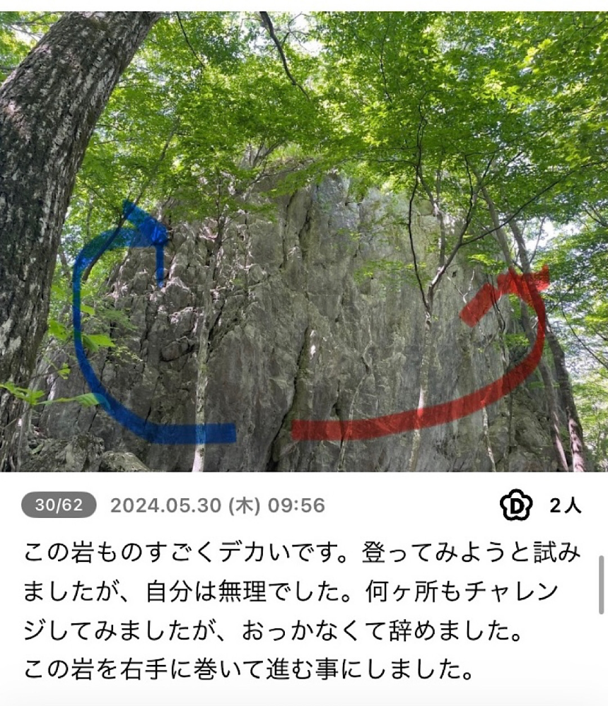 登山用語の 巻く について質問です この岩を右手に巻く とは 矢印で言えば 赤、青どちらの 迂回路を進む事なんでしょうか