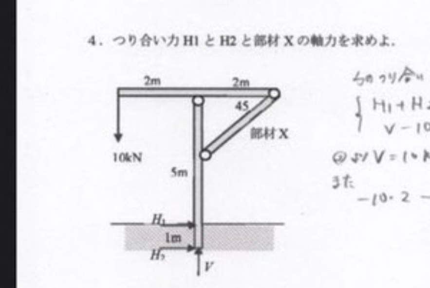 構造力学です。 画像における、部材Xの軸力を計算過程含めて教えて頂きたいです