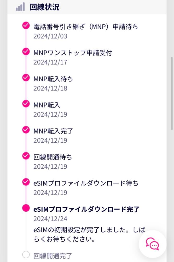 楽天モバイルのesiMプロファイルダウンロード完了について教えてください。 母の使用するiphone11をdocomoから楽天モバイルに乗り換えたのですが、「esiMプロファイルダウンロード完了 esiMの初期設定が完了しました。しばらくお待ちください。」から全く進みません。 MNP転入完了済み、docomoのSIMロック解除も済んでいます。 昨年の12月24日からこの状態なのですが、楽天モバイルの方に連絡を取った方が良いでしょうか？