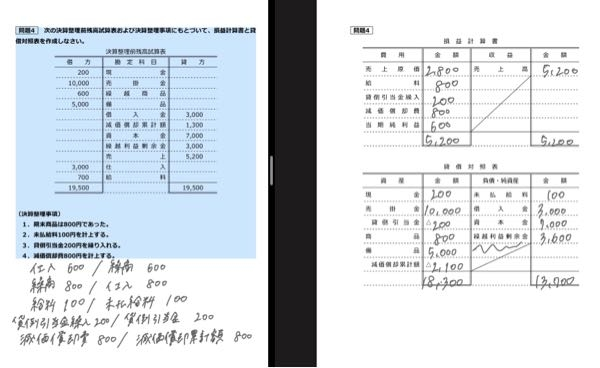 至急お願いします 簿記3級 損益計算書と貸借対照表を作る問題です 貸借対照表の資産側の合計金額が13700円になると解答にはあるのですが、どうしても計算が合いません 写真が入りきらないので後TBは入ってないです どなたか解説をお願いします