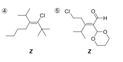 有機化学のEZ命名法について教えてください ④と⑤の答えがともにZとなっているのですがどういうふうな考え方をしてZになるのか教えてください