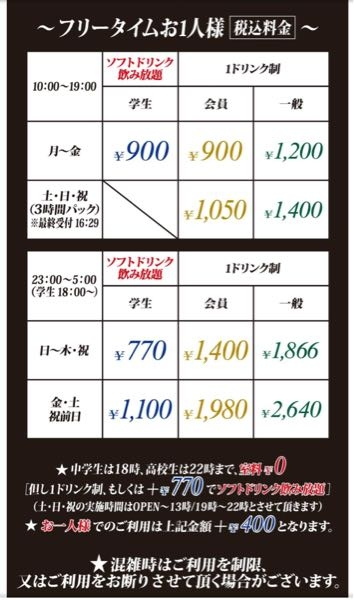 至急お願いします。高校生1人でカラオケ館に行きたいのですが、料金表の見方がよくわからず、大体の値段がわかりません。この場合1300円ということなのでしょうか？