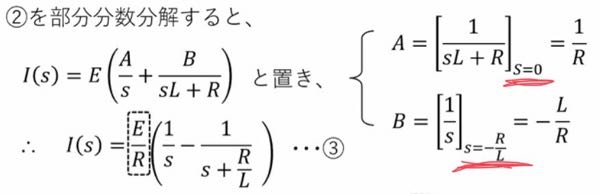 数学の部分分数分解について 写真の赤線のようなs=0と-R/Lはどうやって求めるんですか？