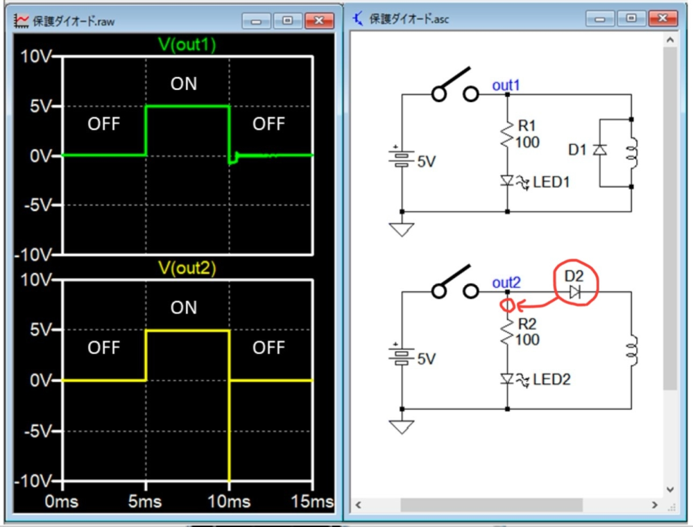 okwave_inara2さんの回答に関して気になったので質問させて下さい(okwave_inara2さんからの返答だと非常にありがたいです)。 画像に示すのは、「逆起電力(電圧)」についてです。 本来、「逆起電力」対策(またはLED1への対策)として、上側画像「D1」を入れますが、 仮に下側画像「D2」を赤丸部分へ設置した場合、 「LED2」に負電圧はかかりませんか？ この場合(LED2を赤丸部分へ移設した場合)、 他に懸念箇所はありますか？ どなたでも構いませんので、お詳しい方(出来れば専門の方)ご回答よろしくお願い致します。
