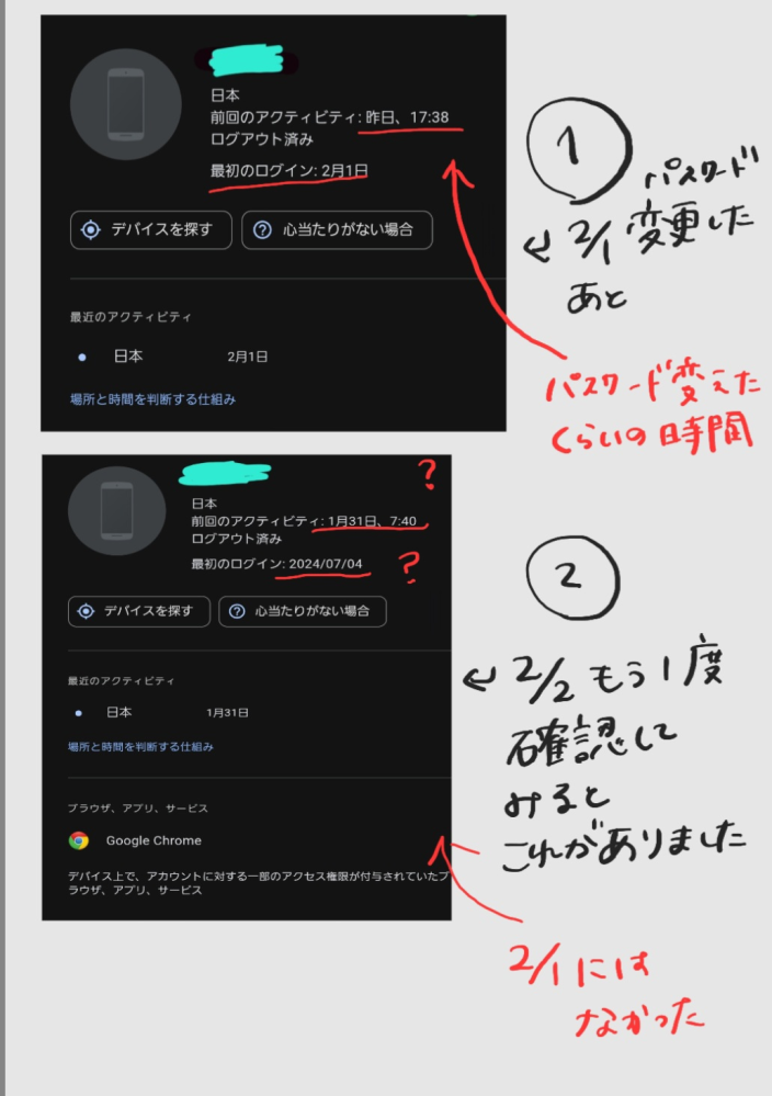 再び同じ内容の質問になります。 Googleアカウント【お使いのデバイス】について質問です。 先日、知らないデバイスからのログインに気づき、ログアウトさせて新しいパスワードにしました。 ですが不安で、昨日（2/1）またパスワード変更をしました。そのあとしばらくして【お使いのデバイス】を見ると①の画像のデバイスからのログインを発見。。こちらは機種（隠してある部分）が私で、パスワード変えた時間の直後なので多分私だと思います。（パスワード変更したりするとログイン表示される?みたいなことを聞きました） 今日もう一度確認してみると②の画像のデバイスからログインがありました。機種は私と同じですが、ログインの日付が一昨日（1/31）、最初のログインは7月になっています。 ↑先日知らないデバイスをログアウトさせたときにも2枚目のアカウントの画像のデバイスがあった気がします。そのとき多分一緒にログアウトさせてます。 どうして昨日（2/1）にパスワードを変えるときに確認した時点では②のログインはなかったのに（お使いのデバイスは私の今使っているスマホ1セッションになっていました）今日になって表示されているのでしょうか。 多分私だとは思うのですが夫も同じ機種を使っているのでもしかして夫がログインした？と思ったり。でもこの前パスワードを変えた時点で二段階認証をオンにしているのでそれはないのか？お力を貸していただけたら幸いです。