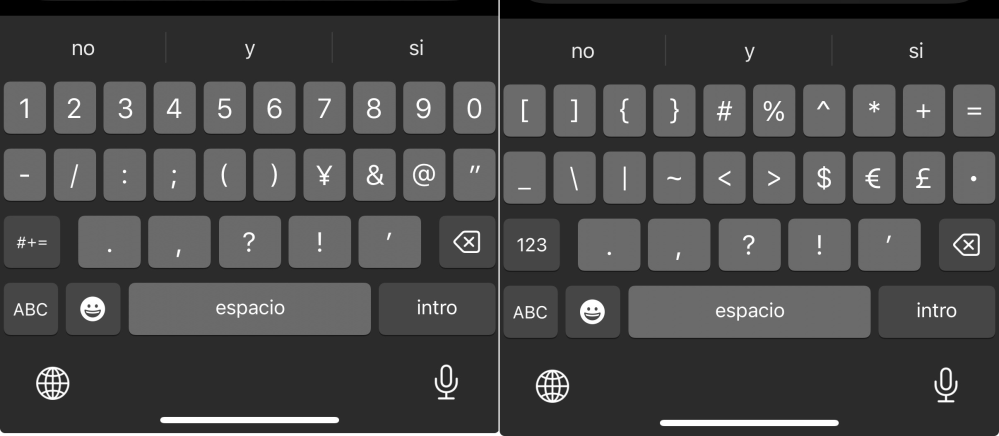 スペイン語逆疑問符について、iPhoneで入力する際には「スペイン語キーボードにして数字→記号まで持っていくと?が¿に置き換わっている(¡も同じ)」と聞いたのですが、置き換わっていません。 スペイン語を勉強し始めていて簡単に入力できるようにしたいのですが、長押しして選ぶしかないのでしょうか。 調べても古い検索ページしか出てこず、最近のものは見つけられませんでした。 エニェはでてきますし、アクセントは長押ししかないのはしょうがないと思っています。ですが記号については専用盤面が二画面用意されているのになぜ２画面目で切り替わらないのでしょう、バグですか？他の方はどのように入力しているのでしょうか。