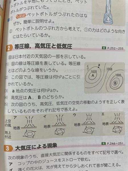 中2理科 2️⃣の（5）についての質問です。 高気圧は下降気流、低気圧は上昇気流ということは分かったのですが、地上付近の風？の回転の向きって何が違うんですか。