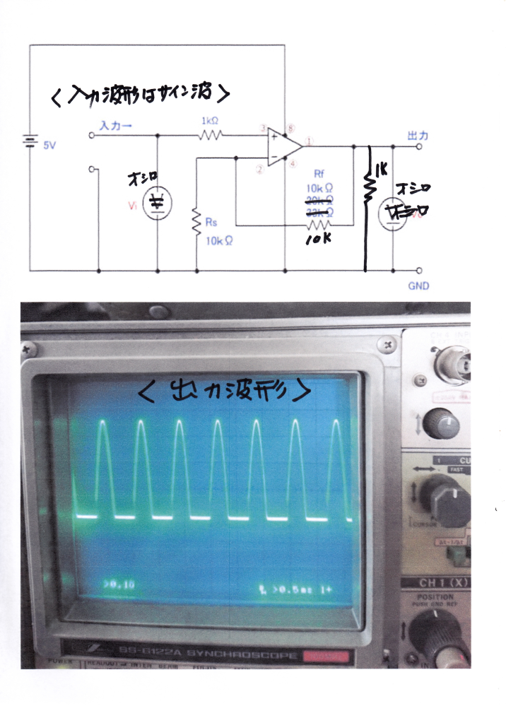 オペアンプの増幅器について教えてください。 ＬＭ３５８を使ったオペアンプの増幅回路を作りました。 構成は添付資料のとおりでネットのブログを参照したものです。 入力がサイン波、出力が資料のとおり下側がちぎれて（圧縮？）現れます。 考えられる原因は何でしょうか。 オペアンプについて全くの初心者です。