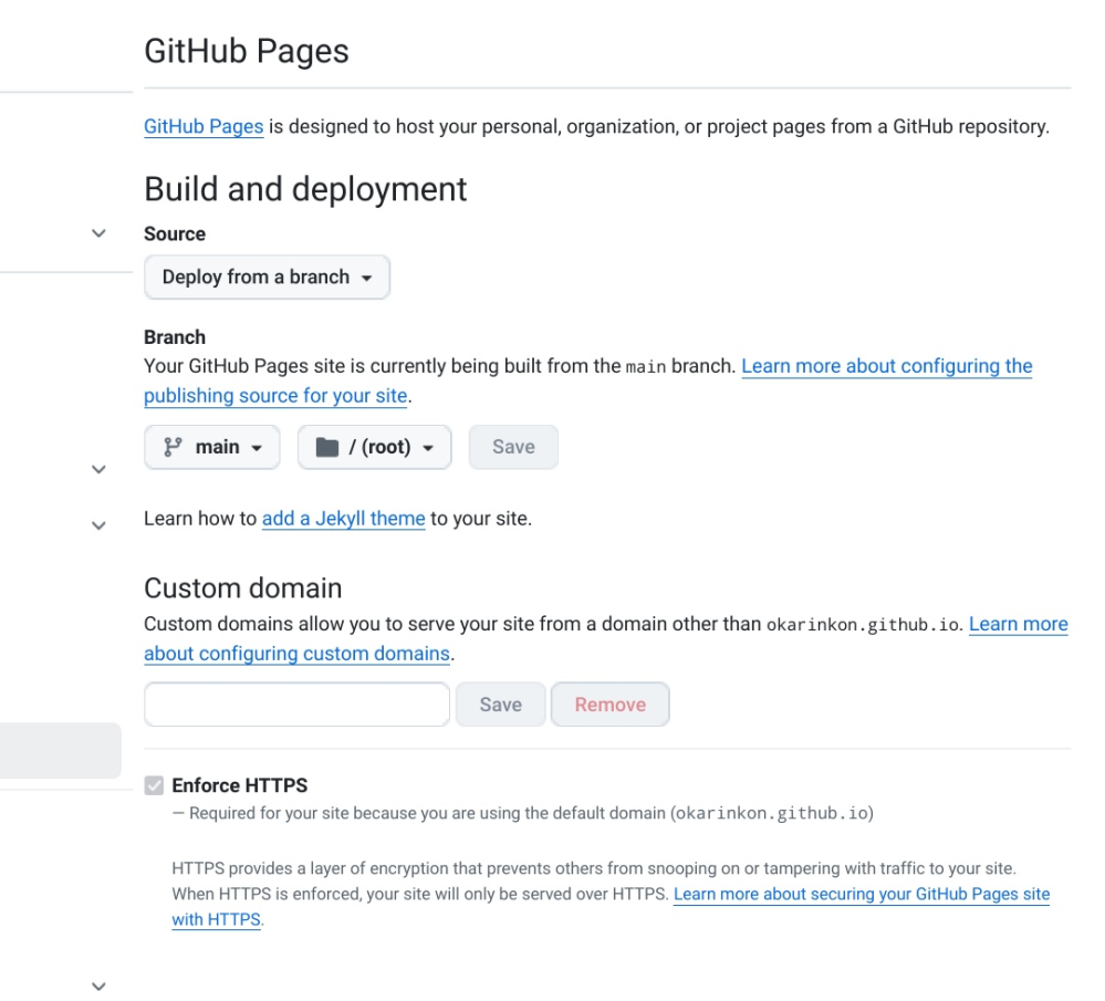 GithubでWebページが作成できる[Github Pages]でhtmlファイルをアップロードしたのですがサイトが公開されず404となってしまいます。 こちらのサイトを参考に手順通りに作成しました。 https://www.google.com/url?sa=t&source=web&rct=j&opi=89978449&url=https://prog-8.com/docs/github-pages&ved=2ahUKEwj_6u2b1buLAxUrhq8BHSNXCwkQFnoECBAQAQ&usg=AOvVaw1wYJo8ogyfJatYNhTqI3oY レポジトリの作成で[Public]を選び[ユーザー名.github.io]でレポジトリ作成 →[creating a new files]からindex.htmlを作成 →[setting]から[Pages]を選ぶも [Your site is live at ...]の項目が表示されない [Branch]の項目はデフォルトのまま[Main]となっており、 index.htmlは[Main]の中に作成されています。 作成から数時間待ってみましたが表示されない状態です。 対処法がわかる方教えてくださると助かります。