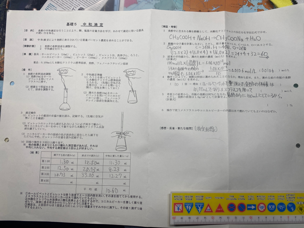 高校化学基礎です。4番の食酢の濃度と5番が分かりません。教えてください。