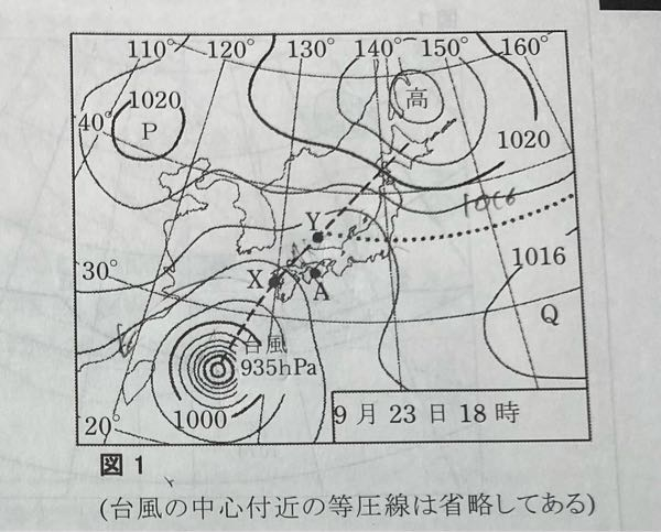 中学 理科 この問題の答えはエらしいのですが、なぜなのかわかりません！ 解説お願いします！！ 問)図1の台風の中心がX地点からY地点に移動していくと、四国のA地点の地表付近では、風向はどのように変わっていくか。次のア〜エから適当なものを一つ選び、その記号を書け。 ア、北西→北→北東 イ、北西→西→南西 ウ、南東→東→北東 エ、南東→南→南西