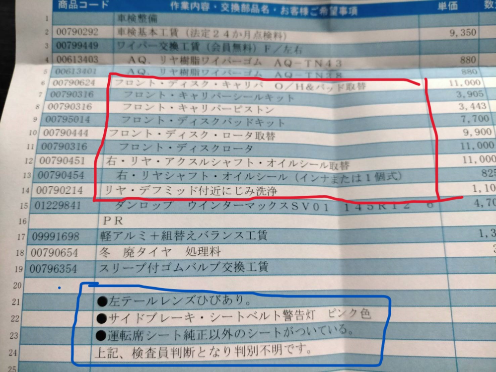 軽自動車の車検についての質問です。 私はユーザー車検を利用し、陸運局に直接車を持ち込んで車検を受けています。今回で6～7回目になるかと思います。 1年前に中古で古い軽トラックを購入し、今回初めて車検を通すことになる車です。事前に大手カー用品店で点検を受けたところ、以下のような見積もりを提示されました。 古い車のため、ある程度の修理が必要であることは理解しています。ワイパーゴムやタイヤの交換は妥当だと考えていますが、見積もりの赤枠部分については、車検の検査対象ではないのではないでしょうか？ また、青枠部分については「検査員によって判断が異なる場合がある」との説明を受けました。テールレンズのひび割れについてはそのようなこともあるのかなと理解したのですが、運転席のシートが純正ではないことが検査員の判断対象になることがあるのでしょうか？ もちろん、車検に合格したからといって必ずしも安全に走行できるわけではないことは承知しております。しかし、今回はあくまで 「車検に最低限合格するための条件」 という視点でご回答をいただけますと幸いです。 自動車関係のプロの方、整備士の方、検査員の方など、お力をお貸しいただけますと幸いです。 どうぞよろしくお願いいたします。