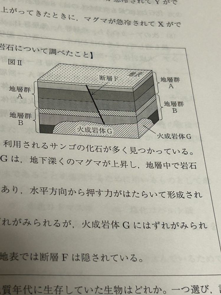 中学理科、地層について質問です。 この地層が堆積した順番を答えよ。って問題で、私はG→B→A→Fだと思ったんですけど、解答はB→A→F→Gでした。 下に行くほど古いって習ったんですけど、なんでGが一番最近堆積したものになるんですか？解説には「火成岩体には断層Fの後が見られないから。」って書いてました。