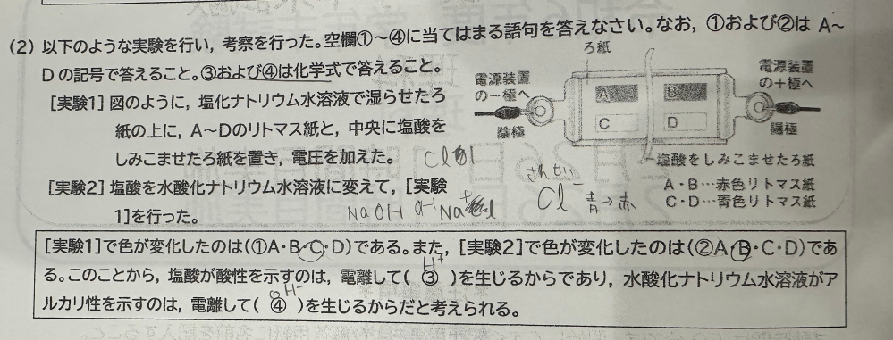 至急！ 画像の問題の答えを教えてください！ 理科 科学 電離 リトマス紙