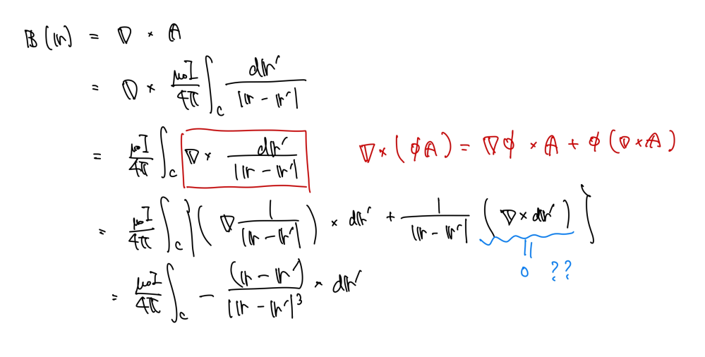ベクトルポテンシャルAを用いて、ビオサバールの法則が得られることをB=▽×Aの式を用いて示したいです。 そこで、青い線の部分が0になる理由が分からないです。教えて頂きたいです。
