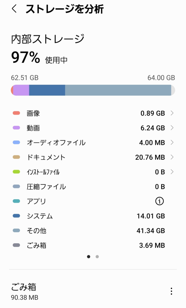 4年使っているAndroidのスマホなのですが、容量がいっぱいでどうしたらいいか困っています。 ストレージは画像の通りで、その他が大半です。 その他って何でしょうか？ どこを見て削除していけばいいか教えてください。