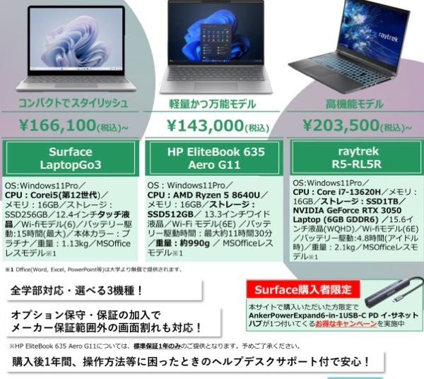 春から大学生です！ 学割でWindowsノートパソコンを買おうと思ってるのですがこの値段でこのスペックは安いですか？ また3つの中でおすすめはありますか？ 他の所で買った方が良いのかもお願いします！ 個人的にはある程度コンパクトでスペックはできるだけコスパ良く、充分使用できるのがいいです！