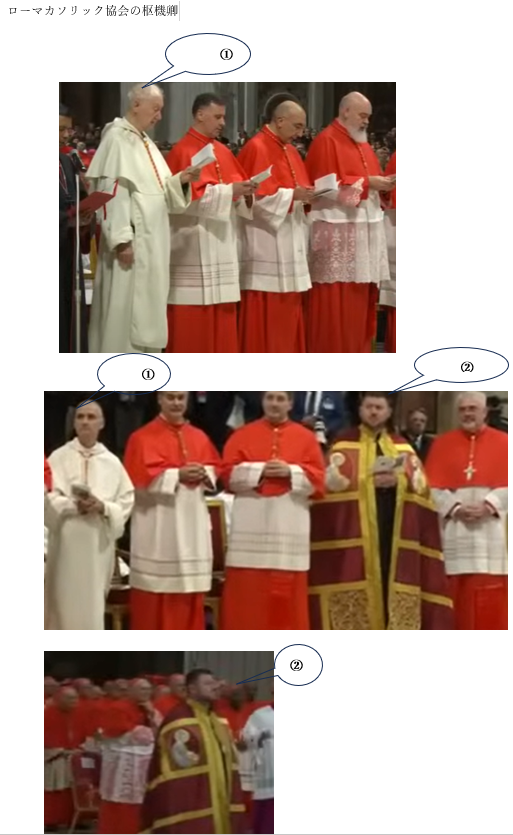 ローマカトリック教会に詳しい方。 写真をご覧ください。 御前に教皇がいます。 枢機卿たちが赤い服を着ているのはわかります。 その枢機卿の中でも「白い服の枢機卿」・・・①と 「色の濃いマントを纏っている枢機卿」・・・② が１～２人います。 「儀式出席に衣装が間に合わなかった」わけではないと思います。 ①と②は、どういう枢機卿ですか？