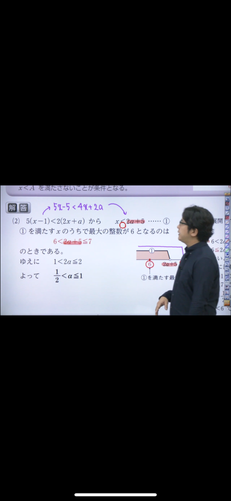 黄色チャートについて質問です。この問題の6<2a+5<=7において、なぜ7のところに＝がつくのでしょうか？<だけではダメなのでしょうか？