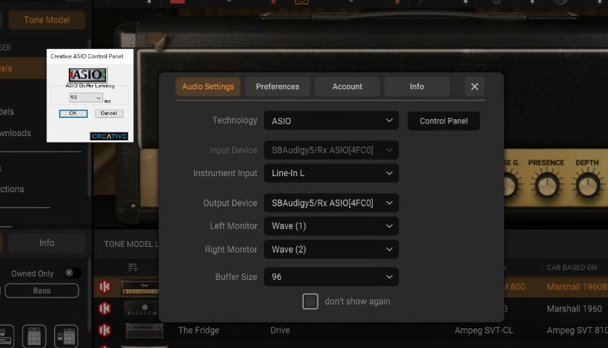 TONEXでASIOが利用できない TONEX ONEを購入し、オーディオインターフェイスとしても使用したくUSBで繋ぎTONEXを起動しました。 遅延があったのでIK Multimedia Product ManagerからASIOドライバーをダウンロード・インストールし、 Audio SettingsのTechnologyを「ASIO」に変更したところ、 Input Deviceが元々使用していたインターフェース（CreativeのSound Blaster）で固定されてしまい、 TONEX ONEに変更・使用することができません。 Control Panelを押すと「Creative ASIO Control Panel」が開き、IK MultimediaのASIOドライバーは黙殺されているようです。 この状態から、ASIOを利用しギター→TONEX ONE→PCと繋ぎTONEX ONEソフトから遅延少なくギター音を鳴らす方法をご助言いただきたいです。 Sound Blasterは諦めて物理的に外せばよいのでしょうか？？ よろしくお願いいたします。