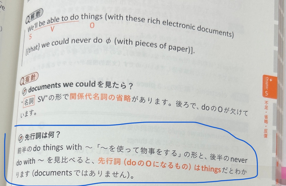 we'll be able to do things with these rich electronic documents we could never do with pieces of pap er.という英文で写真の解説の青で囲ったところなのですが、形が似ているから先行詞はthingsだとわかるということですか？