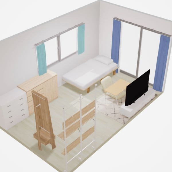【至急！】部屋の模様替え中です。アドバイスをください。 下の画像のような7.5畳の部屋です。家具や配置をまとまりよくしたいのですが、配置を変えた方がいいものや新しく置いた方がいいものを教えてください。 ドアは手前のテレビ横で、鏡がある後ろは全面クローゼットになっています。