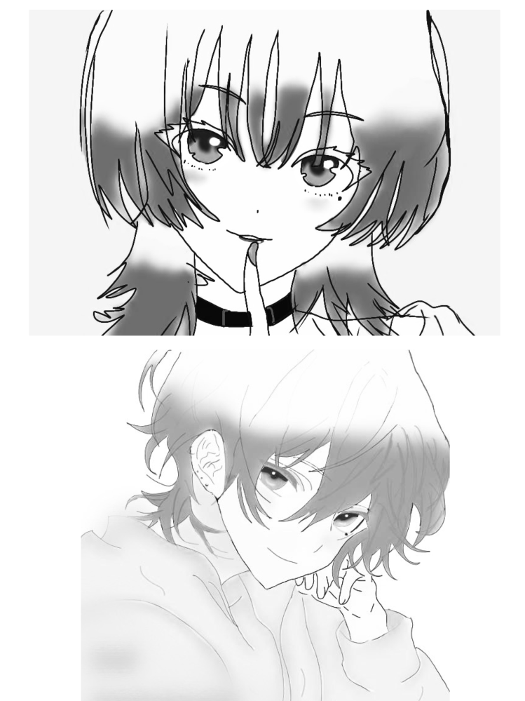 イラストのトレスかどうかについて質問です。 間違っていてもいなくとも失礼なことは承知でお聞きしたいのですが、こちらのイラストはどこかのイラストをトレスして描いているように私は感じてしまったのですが、皆様はどう思われますか？ またこの絵はとある方のFAなのでなるべく特定を防ぐため色は白黒に、下の絵の左下はモザイク加工をしています。 ・明らかに目の感じや線の感じがすごく違う ・上の絵の指の描き方を見て下の描き方を出来るようには考えにくい ・下の絵に見覚えがある(すごく個人的です) ・上から下を描くまでのスパンが約1ヶ月でここまで変わるかなと感じてしまう すごく失礼ですがこう感じてしまいました。 どうかもやもやするのでご意見ください。 また解決した際にはこの質問は消去します。