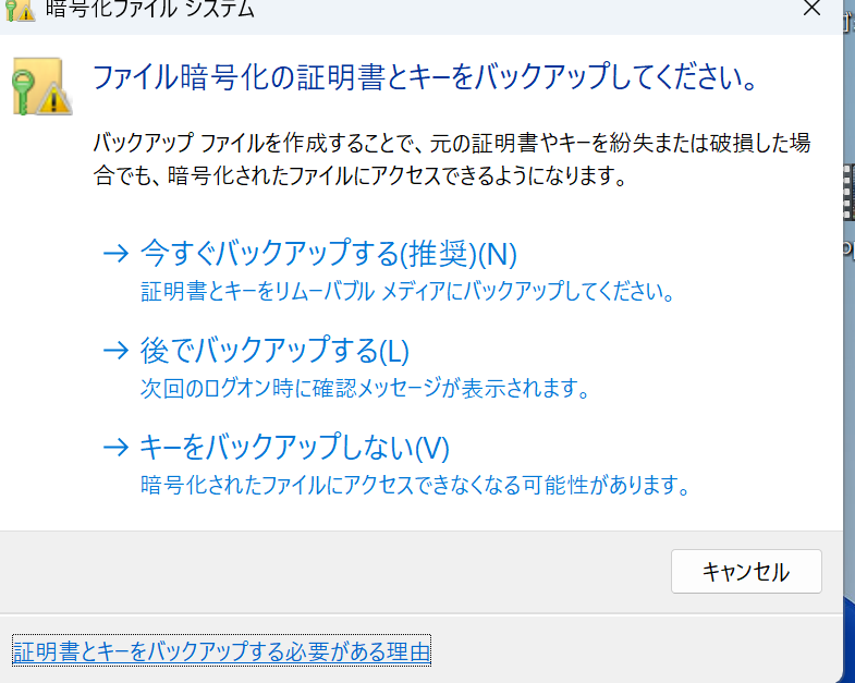 至急、（Windows11）お願いします。「ファイル暗号化の証明書