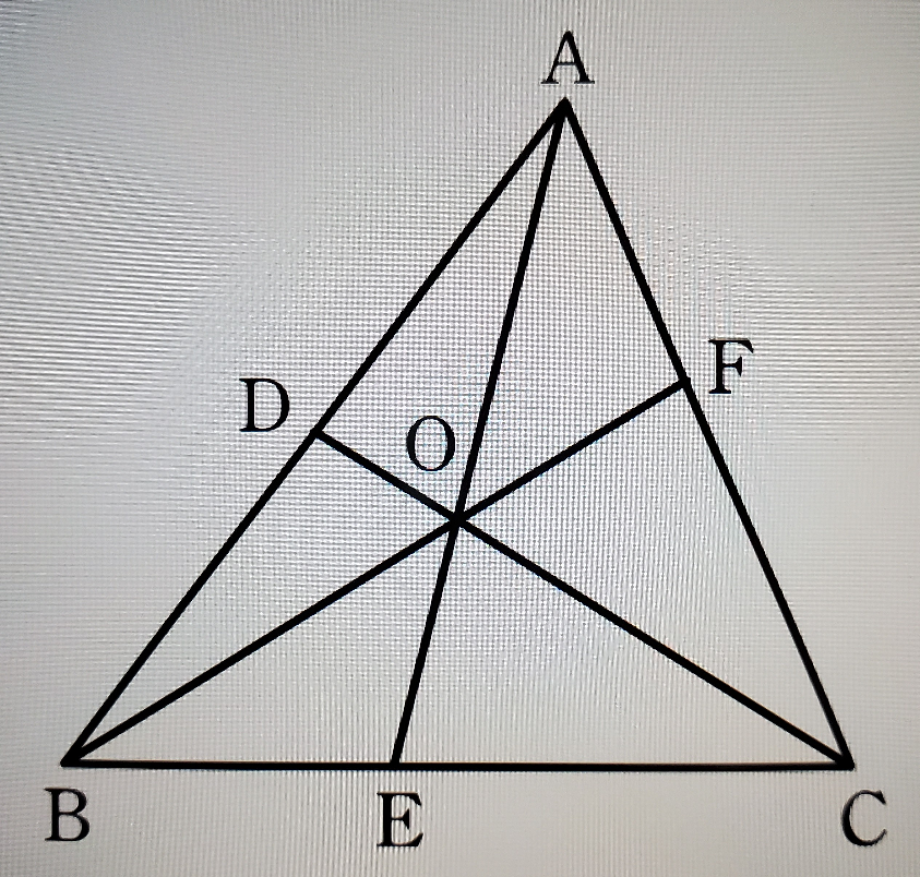 【数学A/図形の性質】 ○図において，AD:DB=1:1，BE:EC=3:4であるとき，次の比を求めよ。 (1)△OAB:△OAC (2)△OBC:△OAC 解説をお願いします。