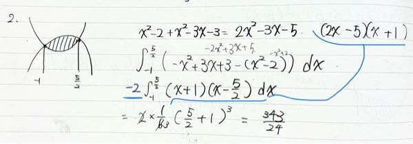 積分についてです。どうして2次式の係数を前に出すのですか？ どうして（2x-5）（x+1）を持って来ないのでしょうか？ 1/6公式を使いやすくするためですか？ あと-2を前に出してしまったら、2行目のインテグラルの式と3行目のインテグラルの式の値って変わりませんか？