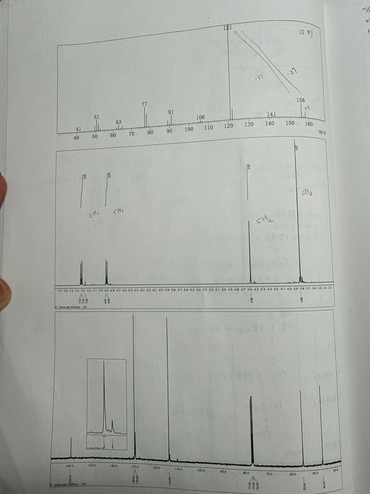 この化合物の構造決定をしたいのですがどうやってやればいいのか分かりません。 1番上のIRでclがあるのではないかと予想しclを抜いた121でN、C、O、Hの数を考えようとしたのですが真ん中のH NMRからHは9の倍数と考え下のC NMRからcは5個以上窒素ルールよりNは奇数だと思って考えているのですがそうすると組成式がわからなく構造が決定できません。どなたか有識者の方分かりやすく一個ずつ手順を踏みながら教えていただくと幸いです