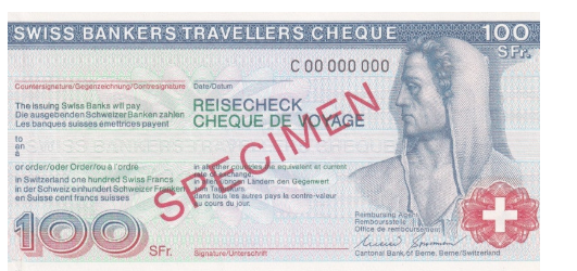 スイスフランのトラベラーズチェックを日本円に換金画像のトラベラーズ