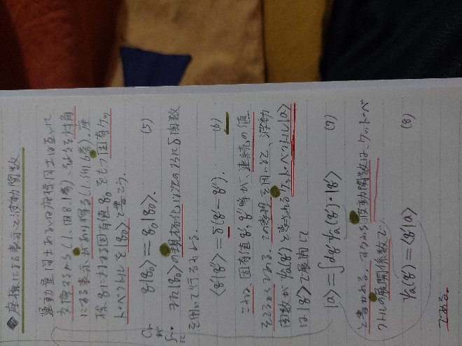 これは|a〉のなかに|a〉があって定義されてると言うことですよね？=でつないで良いのでしょうか？ まて、積分をするd何とかが最後にないですが、これは先頭のdg'がその役割なのですか？ あと、波動関数は展開係数と言っていますが、その中に既に係数の対象の因子|a〉が入ってますが、係数が対象の変数を含んで更に係数になると言うことでしょうか？