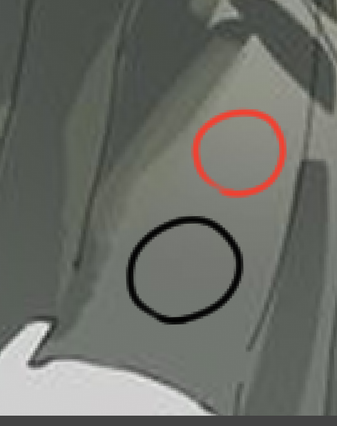 影の色の選び方と、画像の赤丸と黒丸のグラデーション？の仕方について詳しく知りたいです。 ・画像の赤丸と黒丸の色は若干違うみたいです。 ・クリスタ使ってます よろしくお願いします！