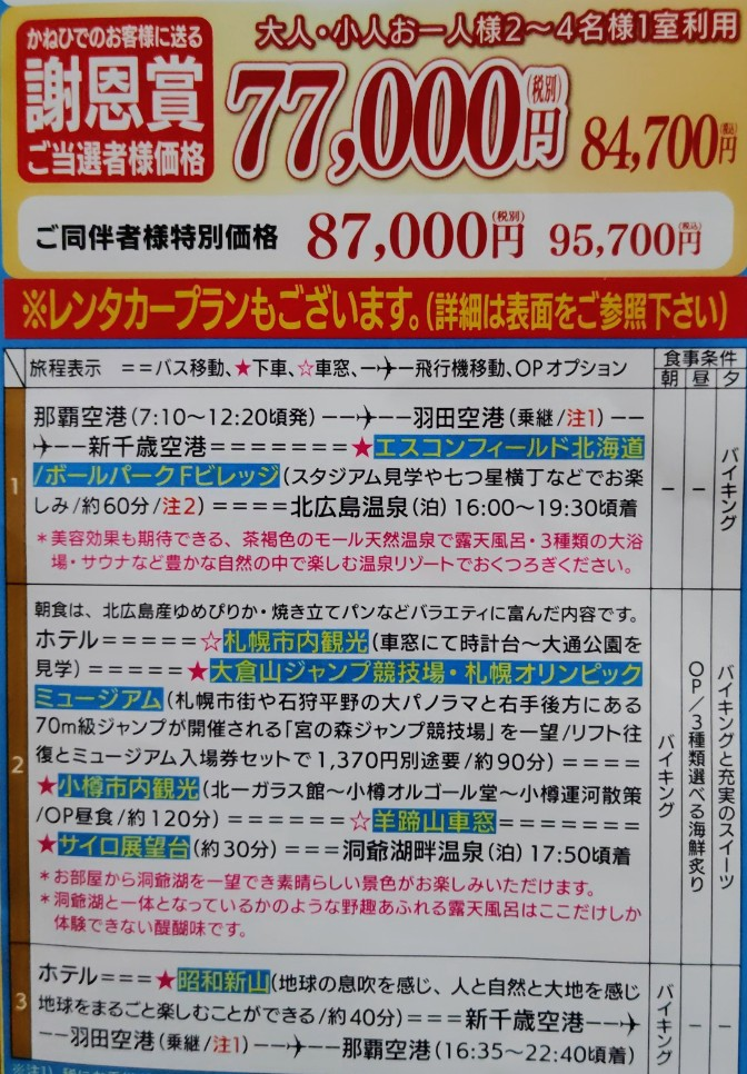 スーパーの企画で、沖縄発北海道2泊3日の旅行が『無料』では無く『謝