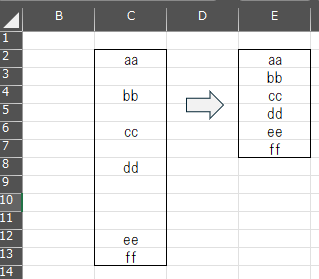 Excelに関しての質問です。 Excel2024を利用しています。 図をご覧ください。 左の表のブランクを詰めて右の表にしたいのですが 数式が書けません。どんな数式が考えられますか？