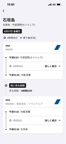 セントレア→那覇→石垣行きの飛行機のチケットを予約しようと思ってい 